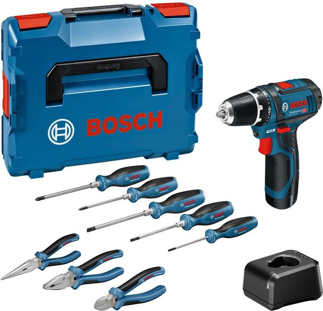 Bosch Professional Akku-Bohrschrauber GSR 12 V-15 Handwerkzeug-Set in Blau - Bild 1