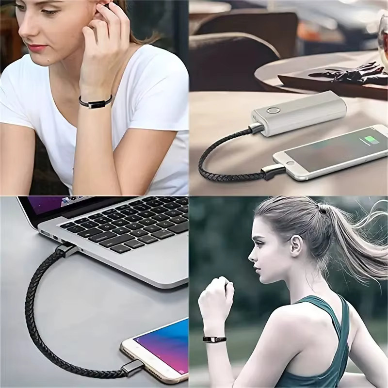 Tragbares USB-C Armband Ladekabel aus geflochtenem Kunstleder in Schwarz für iPhone und Typ-C Geräte - Bild 3