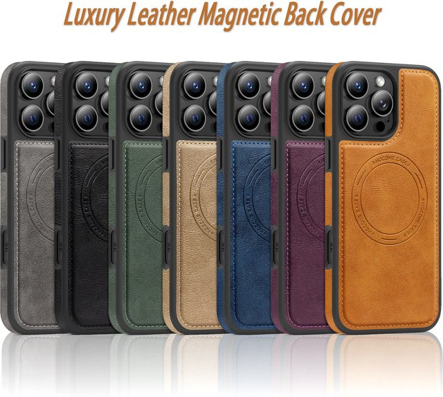 HKNR Magnetische Leder-Handyhülle mit Kameraschutz für iPhone 16 15 14 13 12 11 Pro Max Plus und 16e, MagSafe kompatibel, Anti-Fall, Farbe: Grau - Bild 1