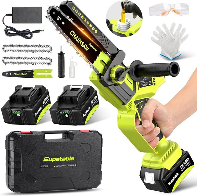 Supstable Mini-Kettensäge in Grün mit 8 und 6 Zoll Klingen, elektrische Handkettensäge mit automatischer Kettenschmierung und 8000-mAh-Akku für Äste - Bild 1