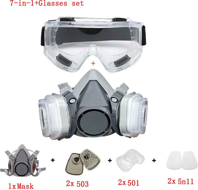 6200 Halbmaske Staub- und Gasmaske mit 5N11 Partikelfiltern und Schutzbrille in Grau und Transparent - Bild 1