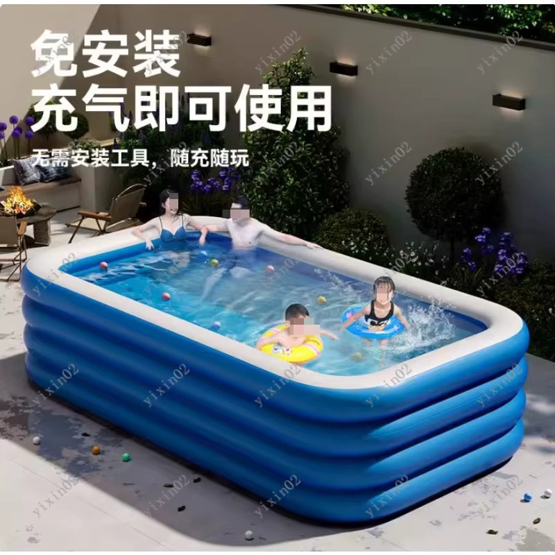 Aufblasbares rechteckiges Familienschwimmbecken aus Kunststoff in Blau-Weiß mit vier Ringen - Bild 3