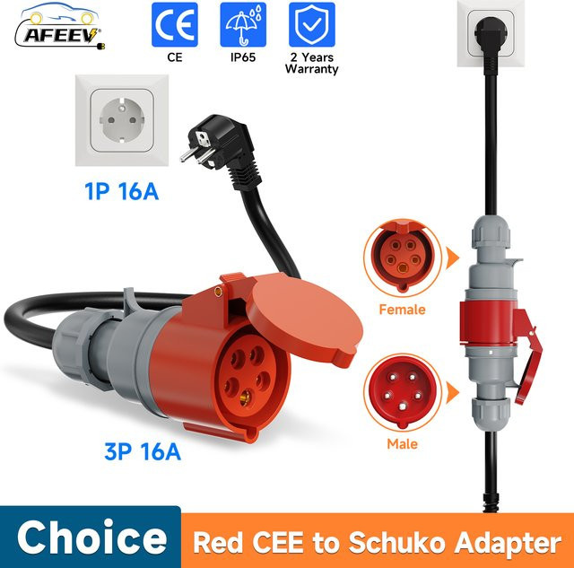 AFEEV EV-Ladegerät mit CEE-Buchse und Schuko-Adapter, 5-polig, rot, 11 kW, 16 A, 3-Phasen-Verbindungslösung - Bild 1