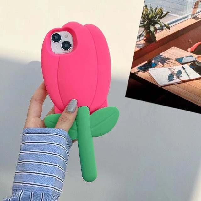 Niedliche 3D Tulpen Handyhülle aus weichem Silikon für Apple iPhone 15 14 13 12 11 Pro Max in Rosa - Bild 1