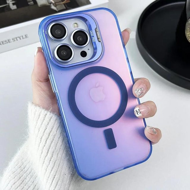 Yiran MagSafe Magnetische Telefonhülle mit Farbwechsel und Metallständer für iPhone 16 15 14 13 12 11 Pro Max inklusive Objektiv Glasfolie in Lila - Bild 1