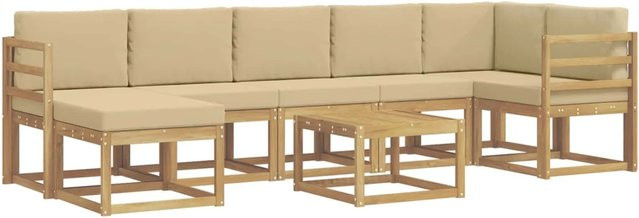 vidaXL Outdoor-Sofagarnitur 8-tlg. in L-Form mit Kissen und Couchtisch, Akazienholz und Polyester, Weiß und Beige - Bild 1