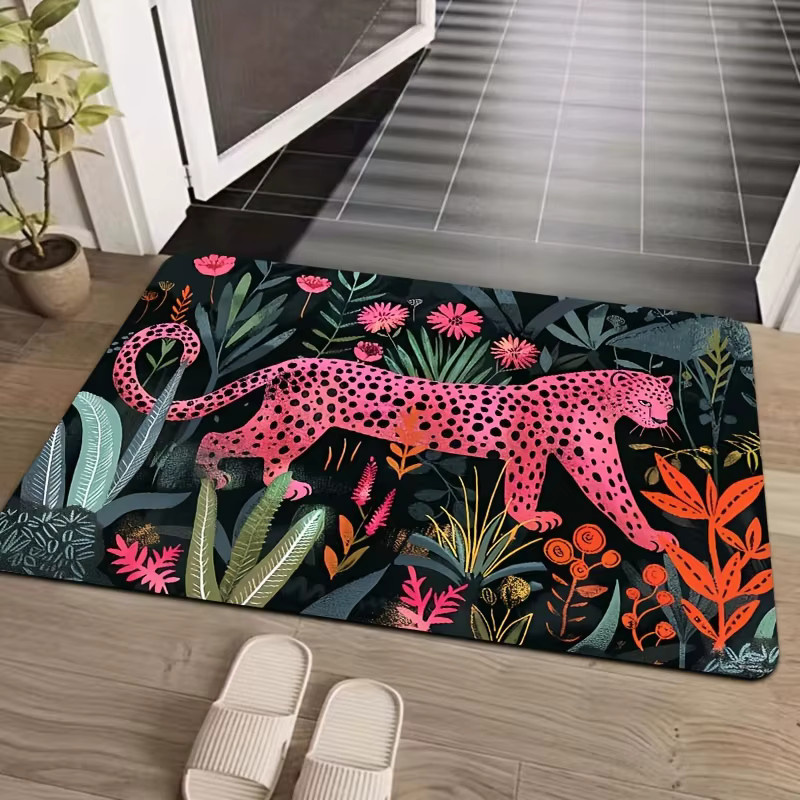 VIKAMA Bodenmatte Vibrant Jungle Pink mit Leopardenmuster, maschinenwaschbar, rechteckig - Bild 2