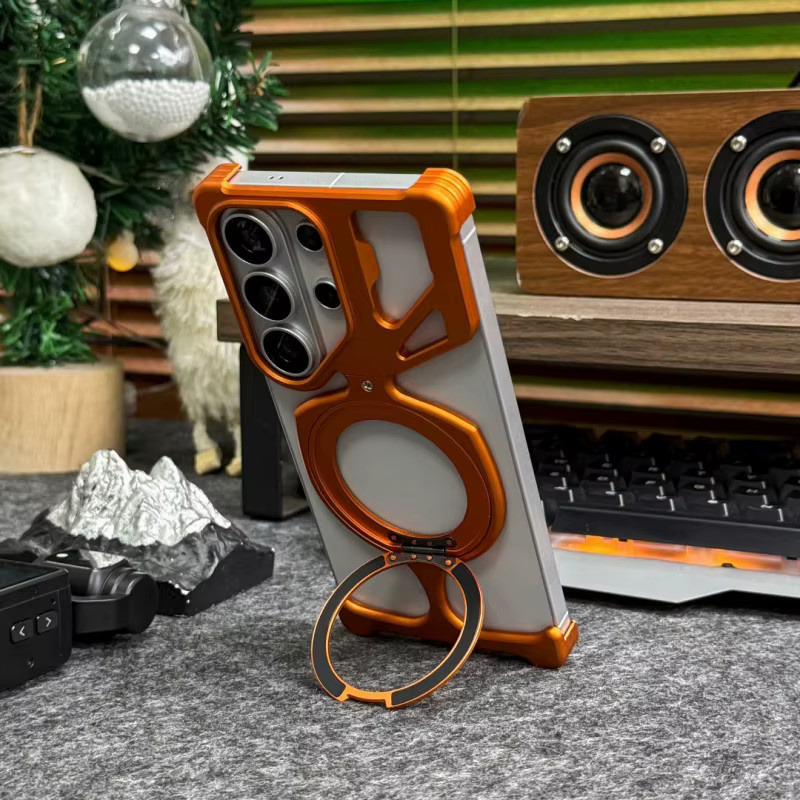 Magnetische Metall-Bumper-Hülle für Samsung Galaxy S25 Ultra und S26 Ultra mit Magsafe, 360 Grad drehbarer Ständer und Hohlraum-Kühlung, Stoßfeste Hartschale, Farbe: Silber - Bild 2