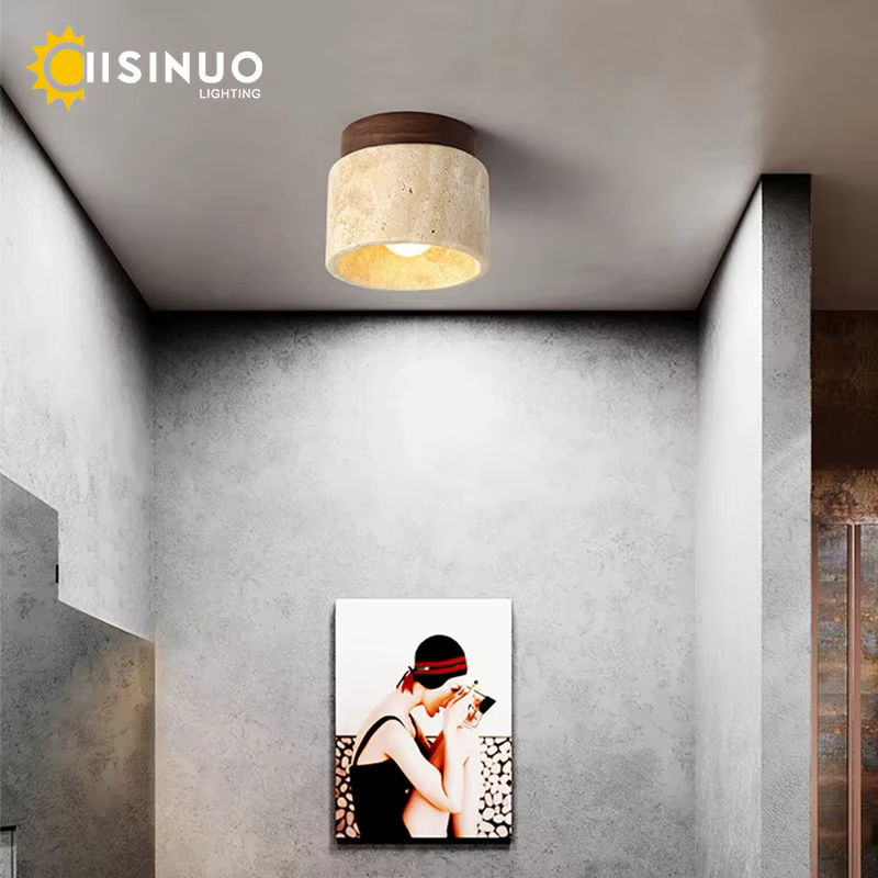 IISINUO LED-Deckenleuchte im japanischen Stil aus Stein und Holz, rund, beige, für Wohnzimmer, Flur und Balkon - Bild 2