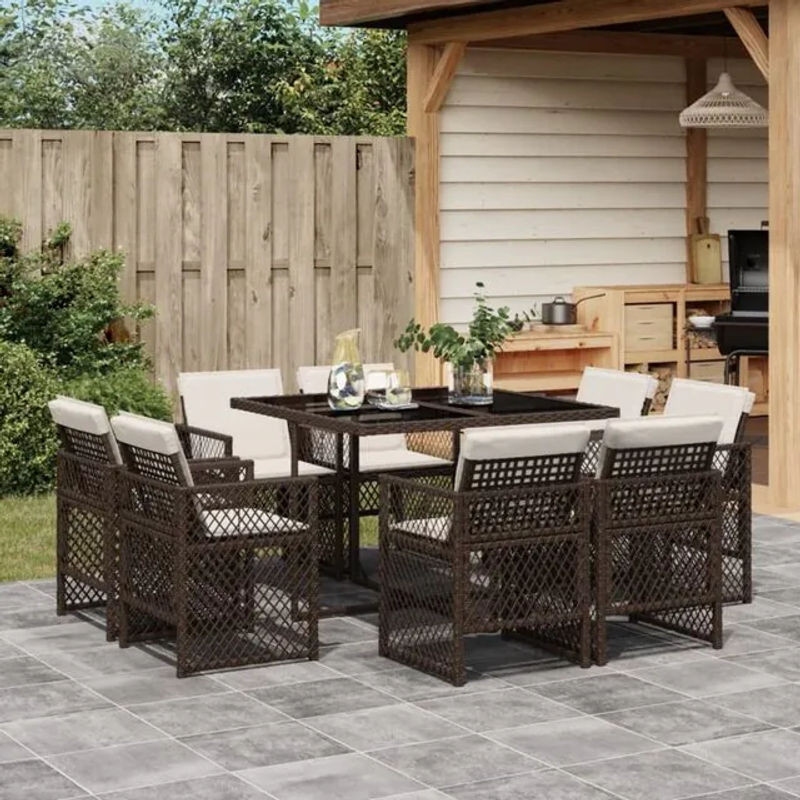 9-teilige moderne Garten-Essgruppe aus braunem Poly-Rattan mit Glasplatte und Kissen von vidaxl - Bild 1