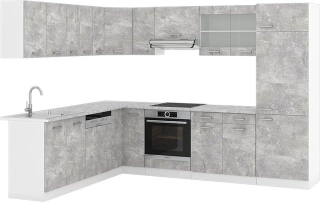 Vicco R-Line Eckküche in Beton-Optik mit Marmor-Arbeitsplatte, Grau-Weiß, B/T/H: 227 x 287 x 207 cm - Bild 2