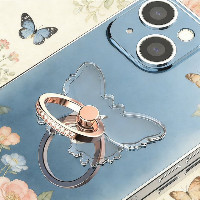 WSSHE Transparenter Schmetterlings-Handyhalter in Pink mit faltbarem Fingerring und Ständer für iPhone und Xiaomi - Bild 1
