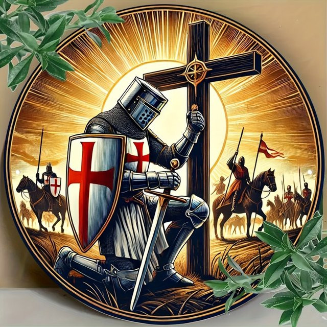 HELLOYOUNG Metallschild Vintage Templar Knight Prayer Wandekoration Rund, Mehrfarbig, Durchmesser: 20 cm - Bild 1