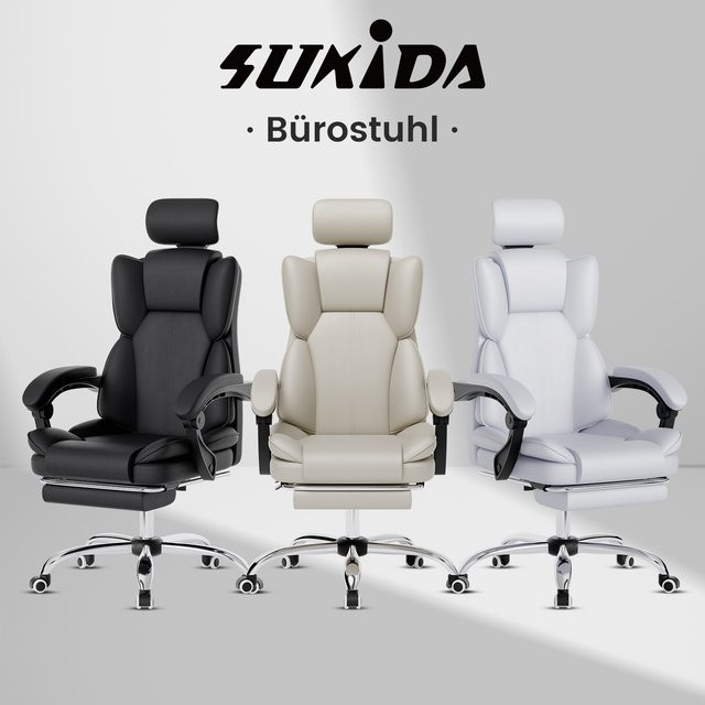 SUKIDA Gaming-Stuhl Ergonomischer Bürostuhl in Beige mit Fußstütze und Kopfstütze aus Kunstleder für Home Office und Wohnzimmer - Bild 1