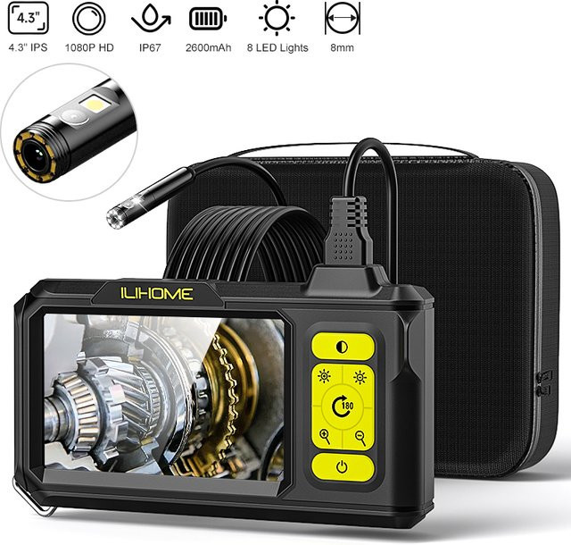 VISHRT Industrielles Endoskop mit zwei Objektiven, 4,3-Zoll-Bildschirm, HD1080P, 8 LEDs, wasserdichte Inspektionskamera für die Automobilindustrie, Schwarz - Bild 1