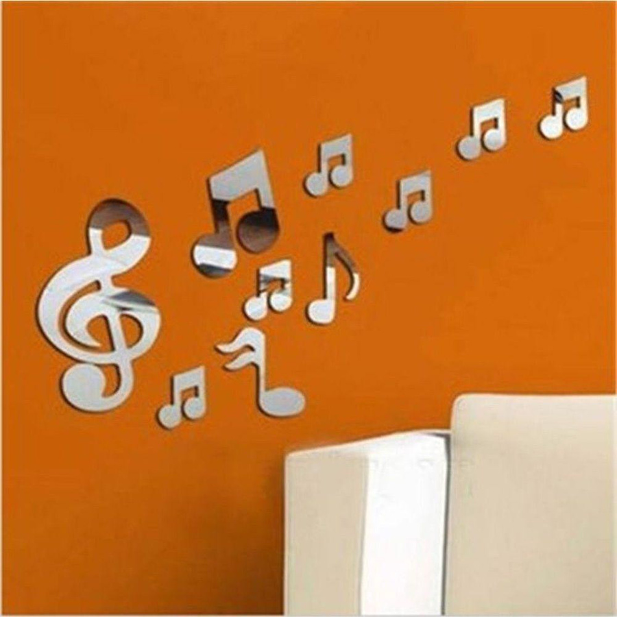 HChetai 3D Musiknote Spiegel Wandaufkleber aus Acryl in Silber zur modernen Wohnzimmerdekoration - Bild 3