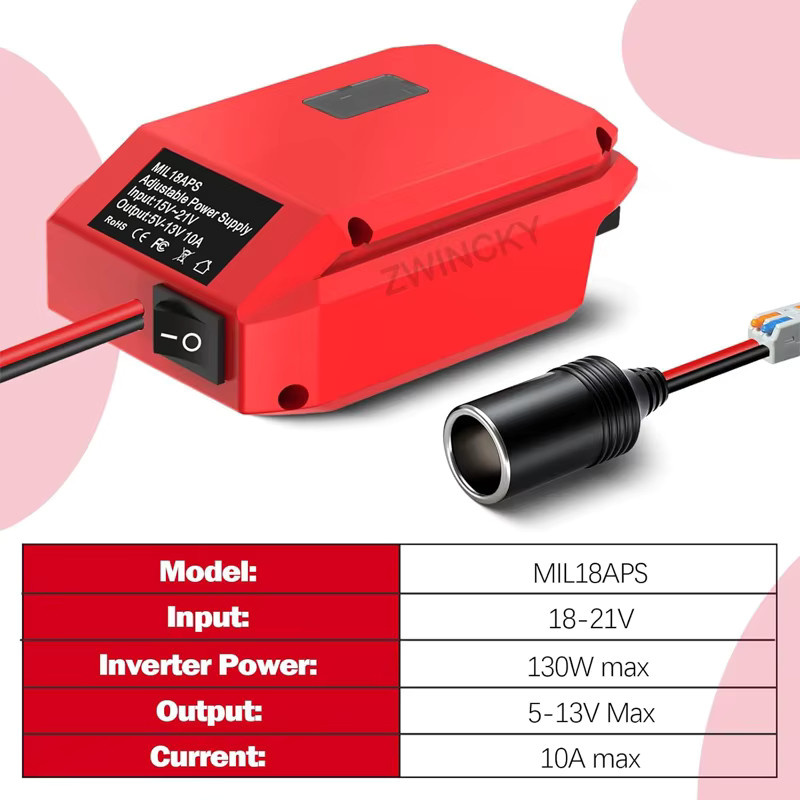 BSIDE Power-Wheel-Adapter für Milwaukee 18V 20V Li-Ionen-Akkus, 18V auf 12V Abwärtswandler mit Zigarettenanzünder-Buchse, Farbe: Rot - Bild 3