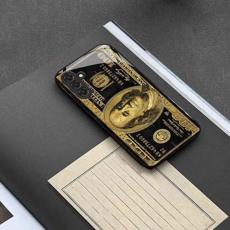 Sturzsichere Handyhülle aus gehärtetem Glas mit Gold-Banknoten-Design für Samsung Galaxy S26 S25 S24 S22 S21 FE Ultra Plus 5G in Gold und Schwarz - Bild 2