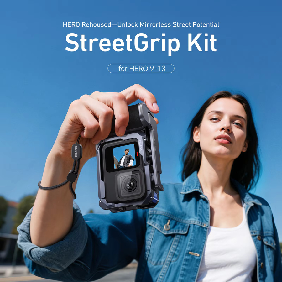 TELESIN StreetGrip Hand Grip Kit mit Fernbedienung und Kaninchen Käfig Set für GoPro 13 12 11 10 9 in Schwarz mit Dual Cold Shoe Adapter - Bild 2