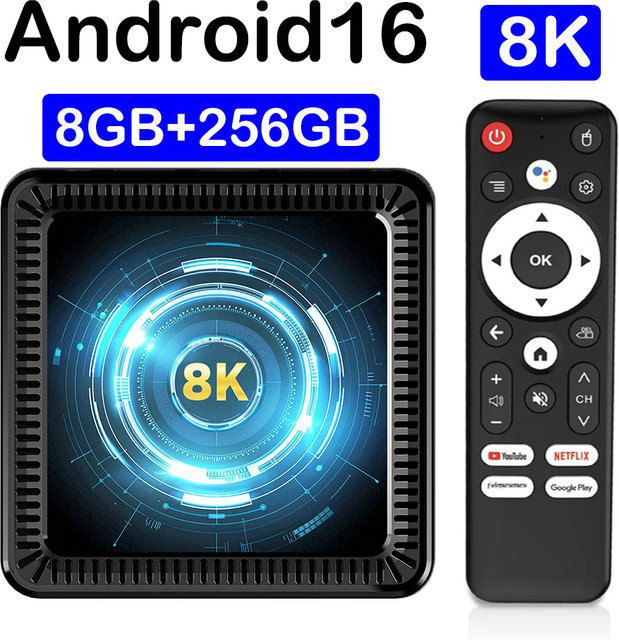 Q19 Smart TV Box Android 16 Media Player mit Allwinner H618, 8 GB RAM, 128 GB oder 256 GB Speicher, 8K Unterstützung, Google Assistant, WiFi 5G und Bluetooth 6.0, Schwarz - Bild 1