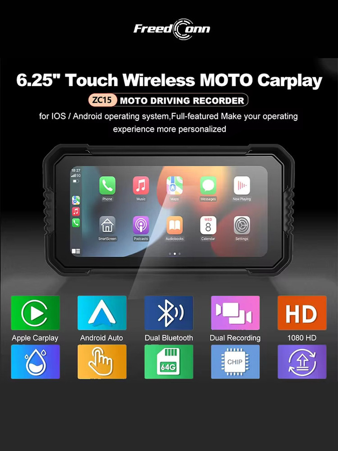Freedconn Wireless CarPlay und Android Auto Motorrad DVR Navigation mit 6,25 Zoll Display in Schwarz - Bild 5