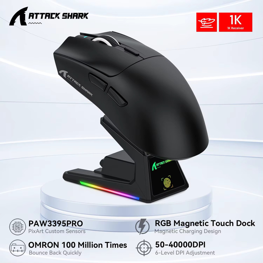ATTACK SHARK X1 Gaming-Maus in Schwarz mit RGB-Ladestation, PixArt PAW3395PRO Sensor, 40000 DPI und Tri-Mode Verbindung, 53 g superleicht - Bild 2