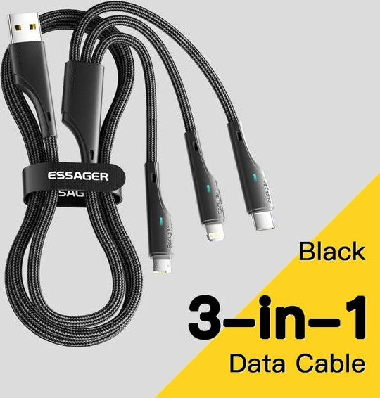 Essager 3 in 1 USB Datenkabel mit USB-C, Micro-USB und USB-A, Länge: 1,2 m, Schwarz - Bild 1