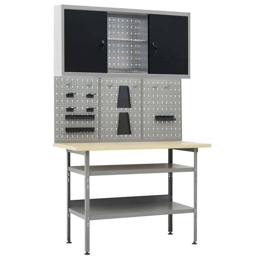 vidaXL Werkbank mit 3 Werkzeugwänden und 1 Wandschrank in Schwarz-Grau, höhenverstellbar, B: 120 cm, H: 85 cm, T: 60 cm - Bild 2