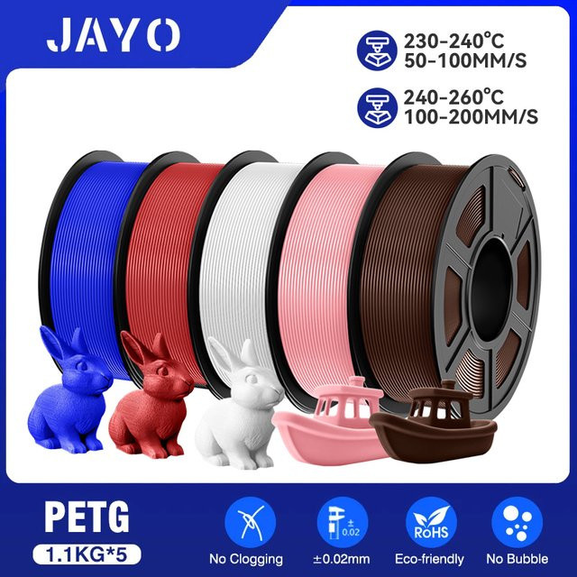 JAYO PETG Filament Set für FDM 3D-Drucker, 5 Rollen in gemischten Farben, Durchmesser: 1,75 mm, Gesamtgewicht: 1,1 kg pro Rolle - Bild 1
