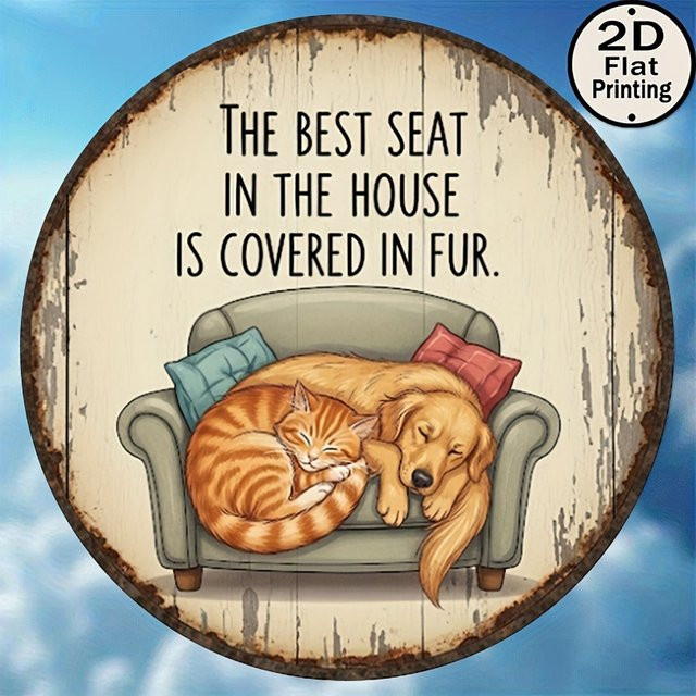 Potdemiel Vintage Metallwandkunst Rund mit Katzen und Hunden, Rustikales Dekoschild aus Eisen, Mehrfarbig, Durchmesser: 20,32 cm - Bild 1