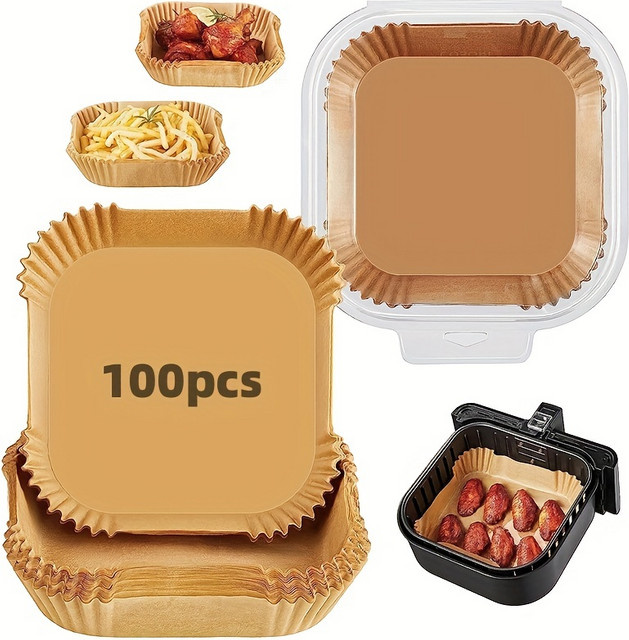 Einweg-Backpapier für die Heißluftfritteuse, quadratische Pergamentliner, ölbeständig und wasserdicht, braun, 50 Stück - Bild 1