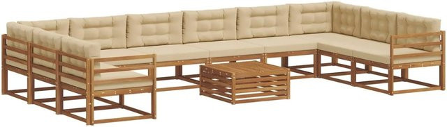 vidaXL Outdoor-Sofagarnitur aus Akazienholz in U-Form, 11-teiliges Set in Natur und Beige mit wetterfesten Kissen - Bild 1