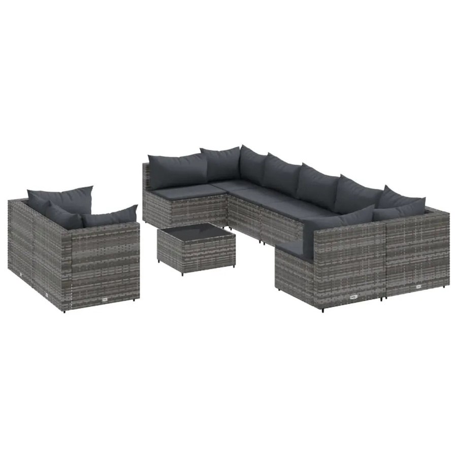 vidaXL 10-tlg. Garten-Sofagarnitur in L-Form aus grauem Poly-Rattan mit Kissen und Couchtisch - Bild 2