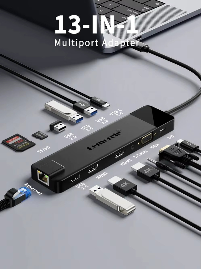 Lemorele TC100 13-Port USB-Hub 3.0 mit USB-C, HDMI 4K, RJ45 Gigabit Ethernet sowie SD und TF Kartenleser für Laptop und MacBook - Bild 6