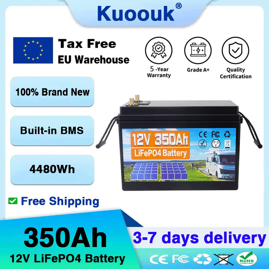 Kuoouk LiFePo4 Batterie mit integriertem BMS, Lithium-Eisenphosphat-Zelle für Wohnmobile, Golfcarts, Elektrofahrzeuge und Solaranlagen, Farbe: Schwarz - Bild 1
