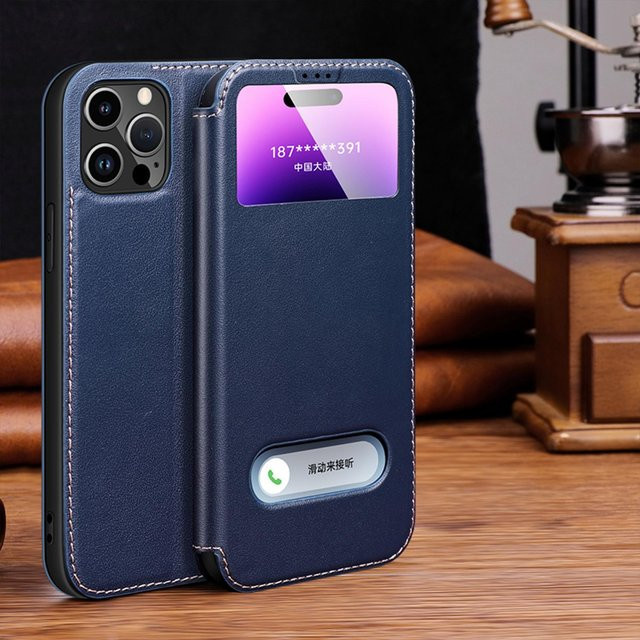 Magnetische Leder-Telefonhülle mit Clear View Fenster für dein iPhone in Blau - Bild 1