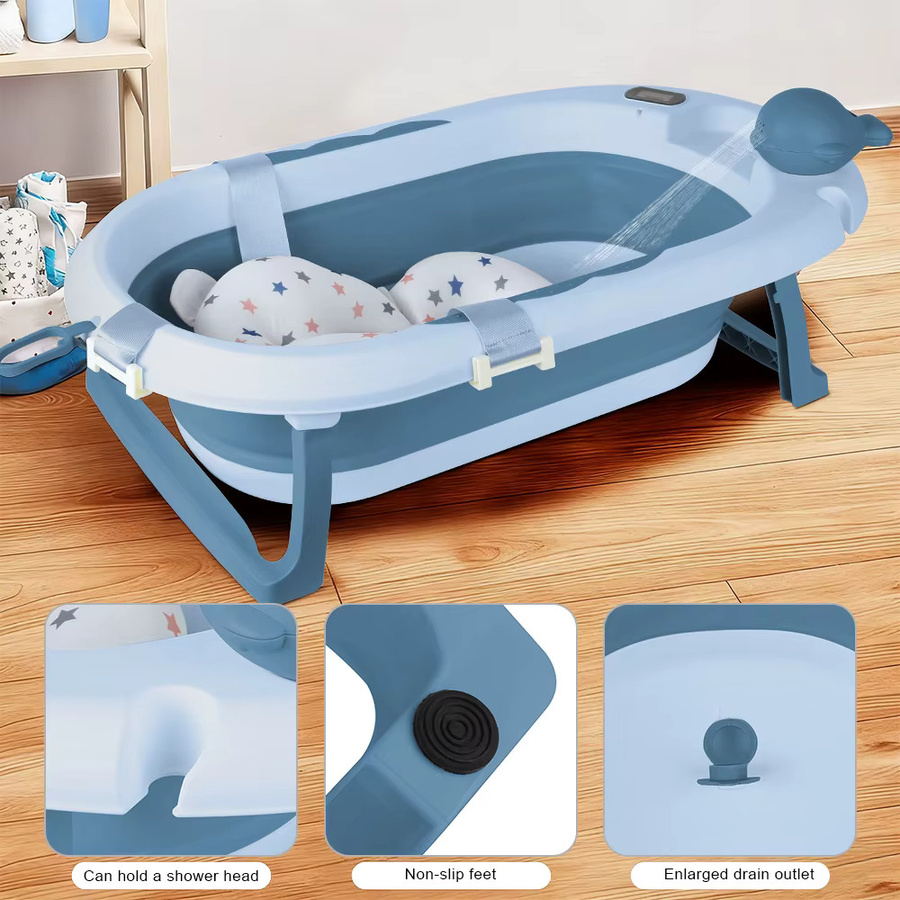Faltbare Babybadewanne mit Stahlgestell und integriertem Thermometer für Kinder von 0 bis 3 Jahren, inklusive ergonomischem Kissen, Grau/Blau/Grün/Violett/Rosa - Bild 2