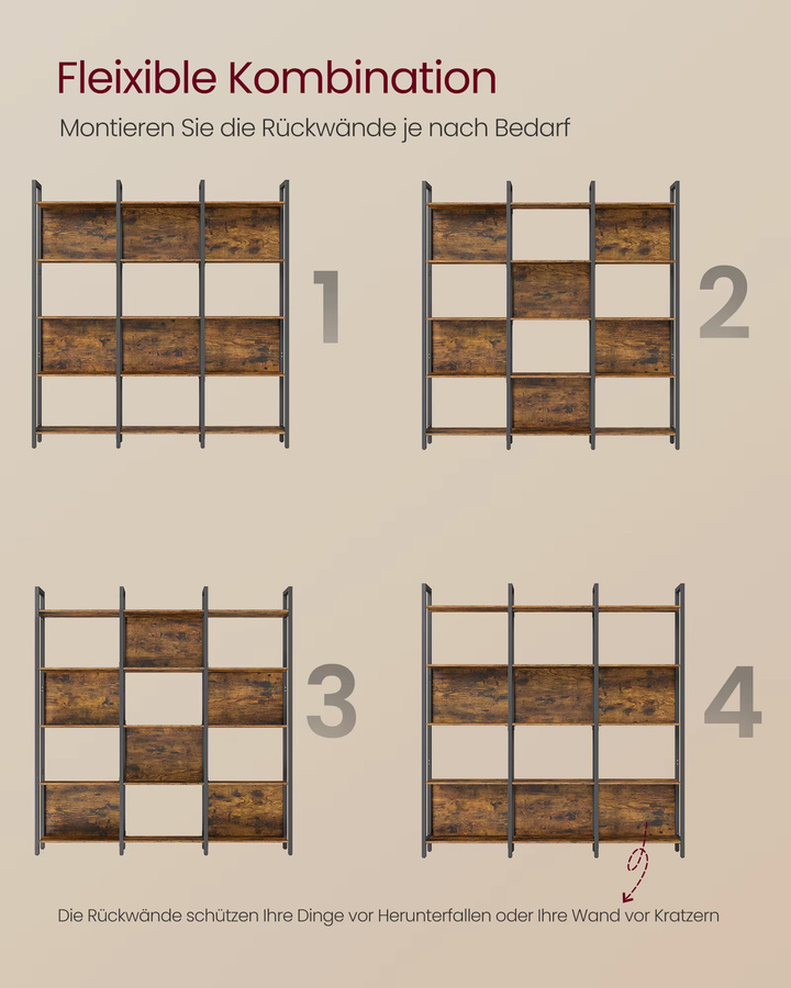VASAGLE Bücherregal im Industrie-Design mit 5 offenen Regalebenen, Standregal aus Metall in Braun, H: 154,1 cm, B: 128,0 cm, T: 30,0 cm - Bild 2