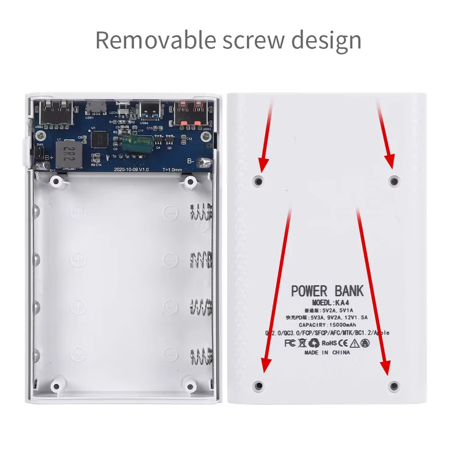 Kebidumei DIY Power Bank Gehäuse für 4x 18650 Akkus mit 25W Schnellladefunktion, Dual USB, Micro USB und Typ C, Farbe: Weiß, ohne Akkus - Bild 4