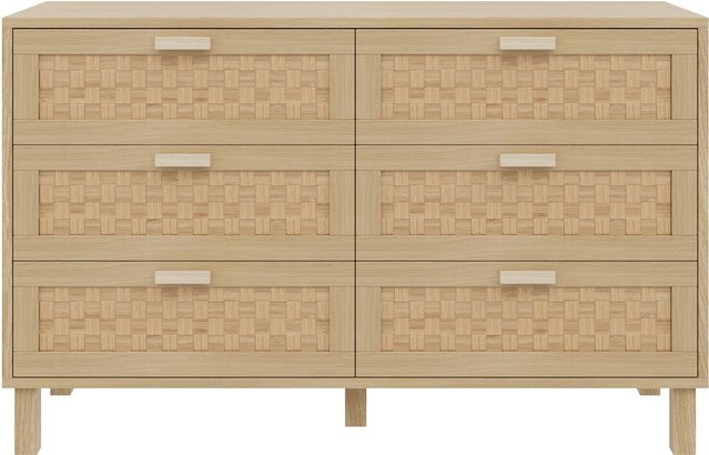 Sideboard GL Store mit sechs Rattanschubladen in Beige, vielseitiger Schrank für Schlafzimmer, Wohnzimmer oder Esszimmer, B/T/H: 120 x 40 x 75 cm - Bild 1