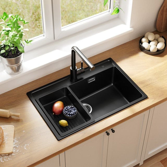 CECIPA max Küchenspüle aus Quarzkomposit in Schwarz, Einbauspüle mit Spülkorb und Siphon Abfluss Set, B/T: 70 x 46 cm - Bild 1