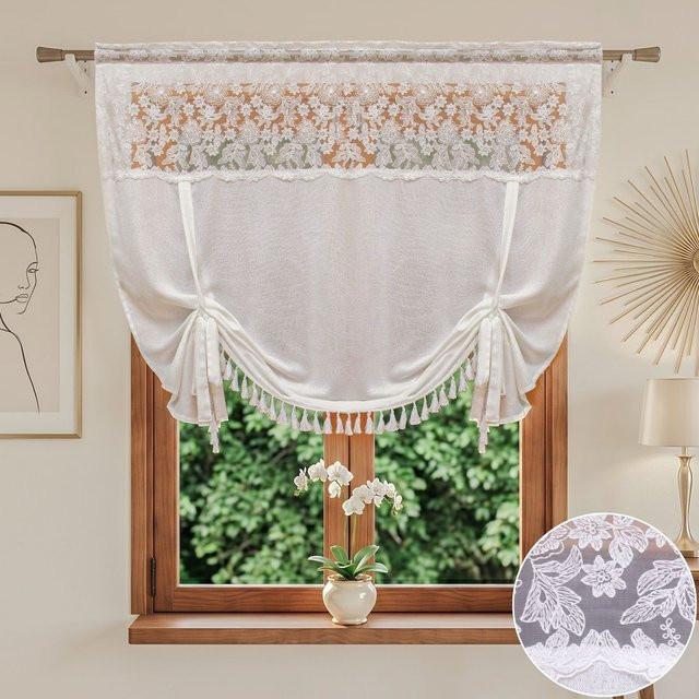 FLYINGCURTAINS Floraler Spitzen-Ballon-Vorhang mit Quasten, halbtransparenter Fenstervorhang aus Polyester in Weiß - Bild 1