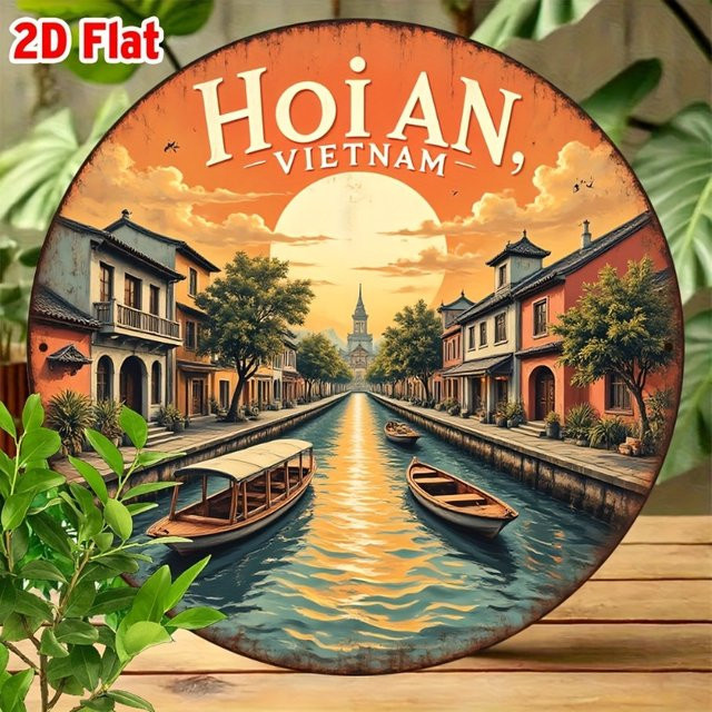 Potdemiel Wandkunst Hoi-An Vietnam Landschaft mit traditionellen Booten und Architektur, runde Metall-Wanddekoration in Mehrfarbig, orientalischer Stil - Bild 1