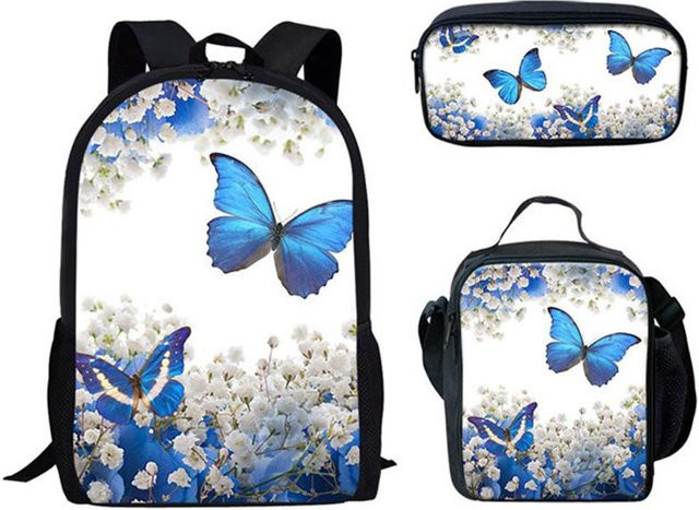 Schulranzen-Set für Mädchen mit 3D-Schmetterlings-Design inklusive Laptop-Rucksack, Brotdose und Federmäppchen in Gold und Blau von Weft - Bild 1