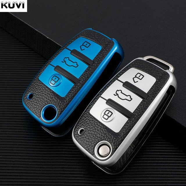 Kuvi Leder TPU Auto Flip Schlüsselhülle für Audi A3 A4 A6 Q3 Q7 TT in Blau - Bild 1