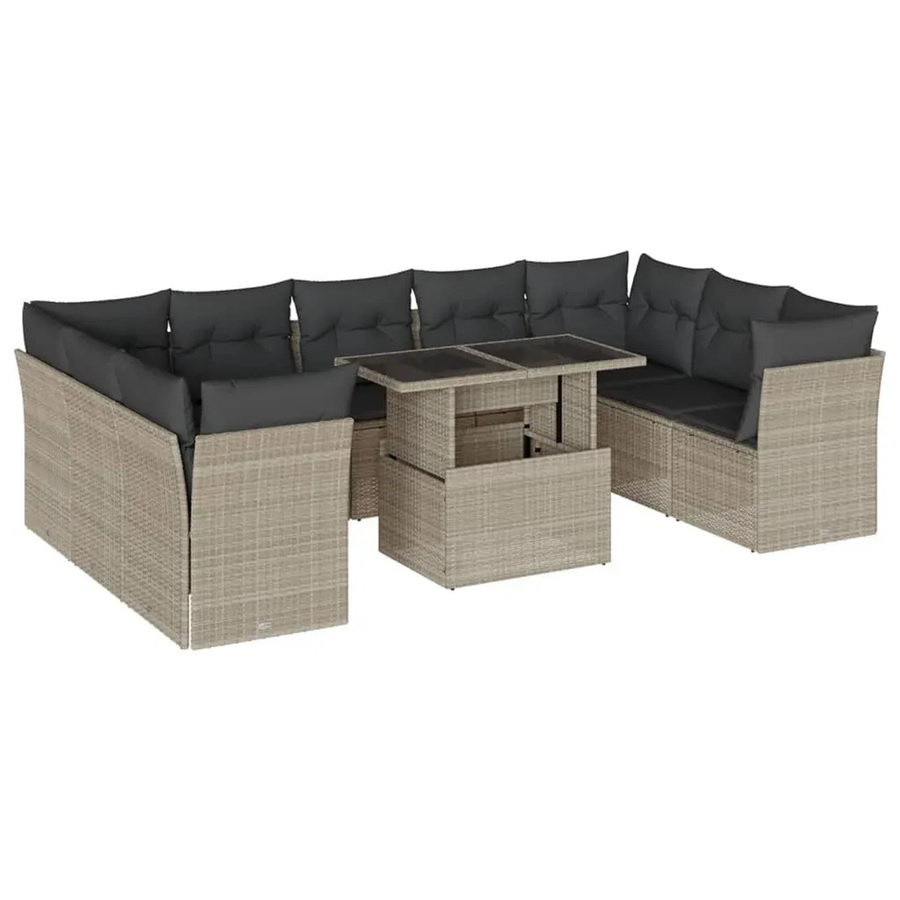 vidaXL 10-tlg. Garten-Sofagarnitur aus Polyrattan in Hellgrau mit Kissen und Gartentisch - Bild 2