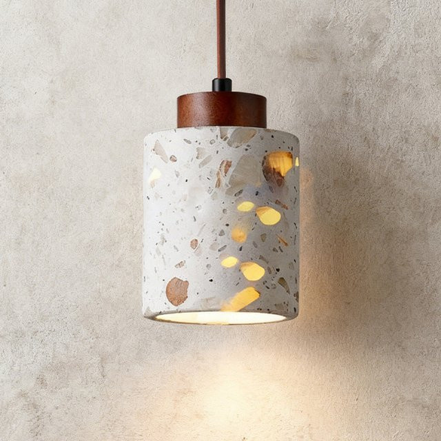 Transluzente Stein-Antik-Kleinpendelleuchte im Zen-Stil aus Walnussholz und Terrazzo in Weiß für Schlafzimmer und Esszimmer - Bild 1