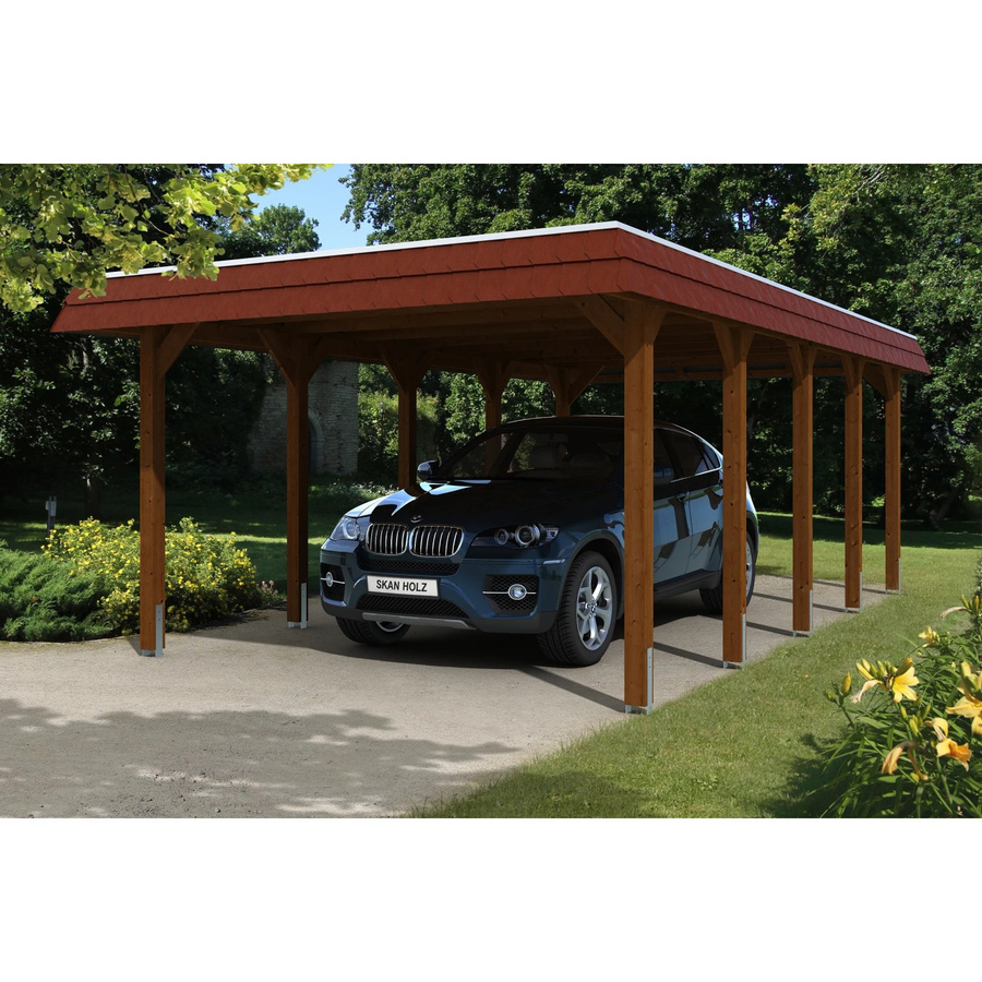 Skan Holz Carport Spreewald aus Nadelholz mit EPDM Dachbahn und Regenrinne in Nussbaum mit roter Blende, B: 741 cm, T: 396 cm, H: 244 cm - Bild 2