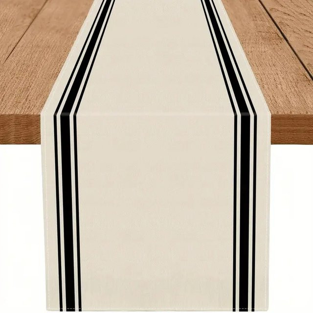 VIKAMA Tischläufer gestreift in Beige-Schwarz, wasserabweisende Tischdecke aus Polyester im Landhausstil, Rechteckig, Breite: 90 cm, Tiefe: 33 cm - Bild 1