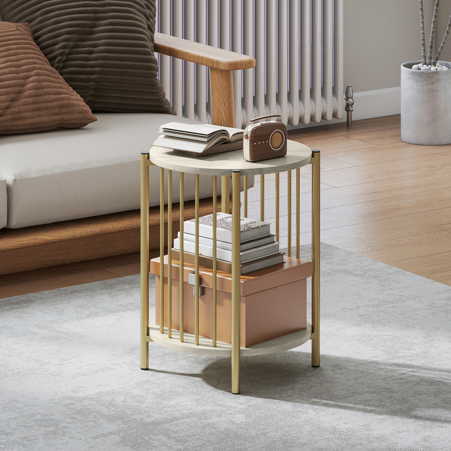 HOMCOM Runder Beistelltisch mit 2 Ebenen in Natur und Gold, moderner Beistelltisch mit Stauraumregal und Stahlrahmen für Wohnzimmer und Schlafzimmer, Durchmesser: 41 cm, Höhe: 49 cm - Bild 2